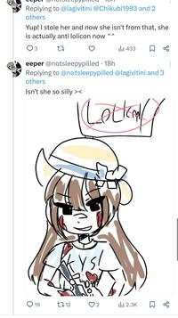Replying to @lagivitini @Chikubi1993 and 2 others Yup! I stole her and now she isn't from that, she is actually anti lolicon now 27 ΛΛ eeper @notsleepypilled ⚫ 18h ılı 433 ☐ % Replying to @notsleepypilled @lagivitini and 3 others Isn't she so silly>< Lotkan YS! 19 1712 2 ili 2.3K ☐ %