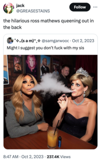jack Follow ... @GREASESTALNS the hilarious ross mathews queening out in the back +(sam)*¸✨ @samgarwood Oct 2, 2023 Might I suggest you don't f--- with my sis alnie • 8:47 AM Oct 2, 2023 237.4K Views