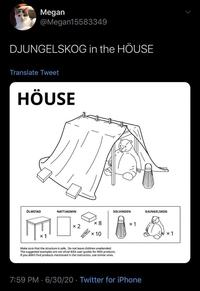 Megan @Megan15583349 DJUNGELSKOG in the HOUSE Translate Tweet HÖUSE ÖLMSTAD NATTJASMIN × 8 × 2 × 10 x 1 SOLVINDEN Make sure that the structure is safe. Do not leave children unattended. The suggested examples are not ofcial IKEA user guides for IKEA products. If you didn't find products mentioned in the instruction, use similar ones. x1 7:59 PM 6/30/20 Twitter for iPhone DJUNGELSKOG x 1