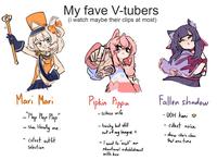 My fave V-tubers (i watch maybe their clips at most) X3 Mari Mari _"Plap Plap Plap" - Shes literally me. cutest outfit Selection Pipkin Pippa - Schizo wife - trashy but still out of my league :c - I want to "visit" an educational establishment with her Fallen shadow -UOH Kani fat - · cutest voice - drew chris chan that one time