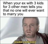 When your ex with 3 kids for 3 other men tells you that no one will ever want to marry you [visible confusion]