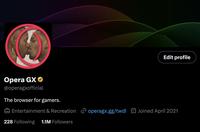 Edit profile Opera GX @operagxofficial The browser for gamers. Entertainment & Recreation operagx.gg/twdl Joined April 2021 228 Following 1.1M Followers
