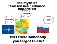 The myth of "Consensual" alliance expansion I consent (I consent POLAND BELARUS CZECH REPUBLIC SLOVAKIA HUNGARY ROMANIA RUSSIA I don't UKRAINE MOLDOVA BULGARIA Isn't there somebody you forgot to ask?