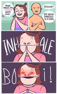 PRIDE MAKES MY BISEXUAL HEART SING! BISEXUAL? BUT YOU'RE MARRIED TO A MAN. INHALF BO ARTBYMOGA ARTBYMOGA i!