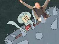 Squidward and Elon Musk being threaded by machine
