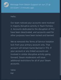 valve are now banning tf2 bot hosters and sending this message directly to them, stating "Accounts d...