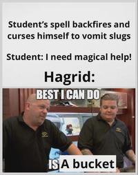 Student's spell backfires and curses himself to vomit slugs Student: I need magical help! Hagrid: BEST I CAN DO el ISA bucket