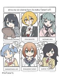 give me six characters to make fanart of! 1SUKISHIMA SHIJIMA DON QUIXOTE HATSUNE MIKU www NAGANOHARA MIO SHIKANOKO NOKO KUROKI TOMUKS template by @mcapriglioneart @SHIMEJIMEE #SixFanarts