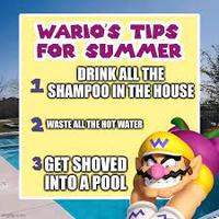 WARIO'S TIPS FOR SUMMER ORINK ALL THE SHAMPOO IN THE HOUSE WASTE ALL THE HOT WATER 3 GET SHOVED INTO A POOL