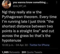 you wanna know something... @de_MY_uh Ngl they really ate w the Pythagorean theorem. Every time I'm running late I just think "the shortest distance between two points is a straight line" and cut across the grass bc that's the hypotenuse 12:32 p.m. 04 Apr. 22 Twitter for iPhone 1,985 Retweets 201 Quote Tweets