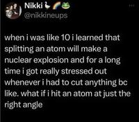 Nikki @nikkineups when i was like 10 i learned that splitting an atom will make a nuclear explosion and for a long time i got really stressed out whenever i had to cut anything bc like. what if i hit an atom at just the right angle