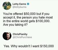 Lotty Earns @lottyburns You're offered $50,000 but if you accept it, the person you hate most in the entire world gets $100,000. Are you taking it? ChrisPianity @ChrisPurchase Yes. Why wouldn't I want $150,000