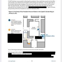 If USCP had been unsuccessful in directing the protestors, they could have moved into the office and chamber area while the Vice President and his family were still there. The site agent told us the situation kept quickly changing-the evacuation path was clear of protestors one moment, then not clear the next. At 2:25 p.m., the detail used a moment when the path was clear to relocate the Vice President from his office the proximity of the Vice President to rioters on January 6, 2021. Figure 14 shows Figure 14. Proximity of Vice President Pence to Rioters in the Capitol's Senate Wing on January 6, 2021 1 2:12 p.m. Vice President moved from Senate Chambers to the Vice President's office 2 2:15 p.m. USCP Line Rioters reach the 2nd floor of the Senate Wing Г Senate Chambers Source: DHS OIG generated based on Secret Service documents and public information The site agent told us that the created manpower challenges that day. www.oig.dhs.gov Vice President's Office 36 OIG-24-42