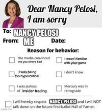 Dear Nancy Pelosi, I am sorry To: NANCY PELOSI From: ME Date: Reason for behavior: The media convinced I wasn't familiar imgflip.com me you where bad I was being too hypercritical I was jealous of insider trading with your game I don't know Mercury was in retrograde I will hereby respect NANCY PELOSI and I will NOT talk down on the future first-ballot Hall of Famer.