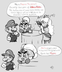 That's Princess Toadstool. Recently She's gone up 2 Dress Sizes. She had her royal seem stress make an exact replica of her old dress so nobody would notice. PpPpb MB BBT!! Mario didn't want to say any thing because that's his Type. ね。 Yoto