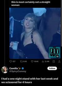 this is most certainly not a straight woman POV 127 tl 8.1K 164K Ilil 2.4M ↑ Camilla @SpicyCammy Follow I had a one night stand with her last week and we scissored for 4 hours