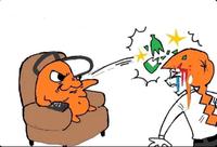 Pochita throwing a bottle at Makima