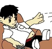 Fat Shinji on recliner chair throwing bottle