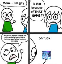 Mom... I'm gay is that because of THAT GAME? oh yeah, lemme check if I accidentally bought the f------ game a that makes you gay oh f---
