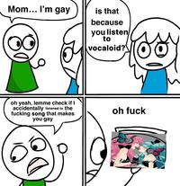 Mom... I'm gay is that because you listen to vocaloid? oh yeah, lemme check if I accidentally listened to the f------ song that makes you gay oh f---