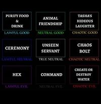 PURIFY FOOD & ANIMAL FRIENDSHIP TASHA'S HIDEOUS DRINK LAUGHTER LAWFUL GOOD NEUTRAL GOOD CHAOTIC GOOD CEREMONY UNSEEN SERVANT LAWFUL NEUTRAL TRUE NEUTRAL CHAOS BOLT CHAOTIC NEUTRAL HEX COMMAND LAWFUL EVIL NEUTRAL EVIL CREATE OR DESTROY WATER CHAOTIC EVIL