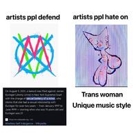 artists ppl defend artists ppl hate on On August 9, 2021, a lawsuit was filed against James Euringer (Jimmy Urine) in New York Supreme Court with the charge of sexual battery of a minor, who claims that she had a sexual relationship with Euringer for over two years - from January 1997 to June 1999 - starting when she was 15 years old and Euringer was 27. w https://en.wikipedia.org > wiki Mindless Self Indulgence - Wikipedia Trans woman Unique music style