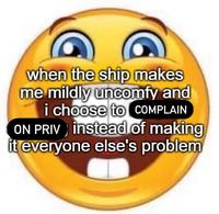 when the ship makes me mildly uncomfy and i choose to COMPLAIN ON PRIV) instead of making it everyone else's problem