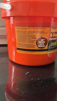 Finish Line's Apple-A-Day" electrolyte is the original apple-flavored source of electrolytes and trace minerals. Directions: We recommend you mix APPLE-A-DAY" with the feed. However, APPLE-A-DAY will dissolve in water as well. Fresh water and a salt block or loose salt should always be free choice for your horses. We recommend 1/2 oz daily for horses at rest in a cool environment or for horses performing light work at normal temperatures. Feed 1 oz daily for horses doing moderate work at normal temperatures or light work in hot climates. For heavy training in normal temperatures or moderate work in hot climates feed Waz daily. During intense training in hot, humid climates, feed 2 oz daily. A 1 cz scoop is enclosed. Ingredients: Salt, potassium chloride, sodium bicarbonate, calcium carbonate, magnesium sulfate, calcium lactate, zinc sulfate, artificial apple flavor, manganese sulfate, ferrous sulfate, copper sulfate. NO SUGARS, LASTS LONGER!! Apple A-Day Electrolyte Finish HORSE PROD GUARANTEED TO WORK 02223-004 Finish Line Horse Products, Inc. All Rights Reserved. Fonery TUBLE VEDSA bby Quality A Family Ta