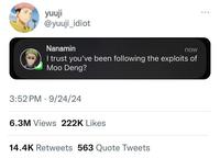 yuuji @yuuji_idiot Nanamin now I trust you've been following the exploits of Moo Deng? 3:52 PM 9/24/24 6.3M Views 222K Likes 14.4K Retweets 563 Quote Tweets