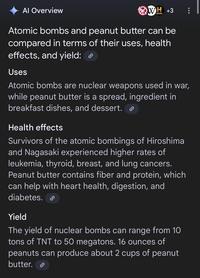 Al Overview WH +3 Atomic bombs and peanut butter can be compared in terms of their uses, health effects, and yield: Uses Atomic bombs are nuclear weapons used in war, while peanut butter is a spread, ingredient in breakfast dishes, and dessert. Health effects Survivors of the atomic bombings of Hiroshima and Nagasaki experienced higher rates of leukemia, thyroid, breast, and lung cancers. Peanut butter contains fiber and protein, which can help with heart health, digestion, and diabetes. Yield The yield of nuclear bombs can range from 10 tons of TNT to 50 megatons. 16 ounces of peanuts can produce about 2 cups of peanut butter.