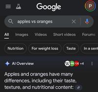 Google apples vs oranges Х All Images Videos Short videos | Nutrition For weight loss Al Overview P Forums Taste In a sent W lant OI +4 Apples and oranges have many differences, including their taste, texture, and nutritional content: