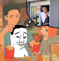 Japanese McDonald's Family Ad with the photograph Donald Trump waving from a McDonald's drive-thru window edited in 