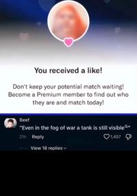 You received a like! Don't keep your potential match waiting! Become a Premium member to find out who they are and match today! Beef "Even in the fog of war a tank is still visibleQ" 21h Reply View 18 replies 1,457 1,457