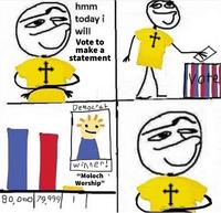 + hmm today i will Vote to make a statement t Democrat winner! 90,000 79,999 1 "Moloch Worship" A Vote t