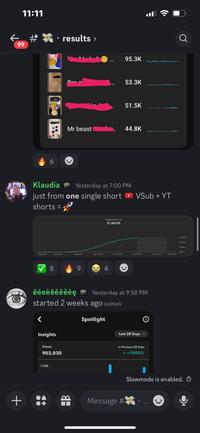 11:11 ← # results › 99 + 6 Q 95.3K 53.3K 51.5K Mr beast 44.8K Klaudia Yesterday at 7:00 PM just from one single short ◉VSub + YT shorts = Estimated revenue $1,466.89 $1,500.00 $1,000.00 $500.00 $0.00 Aug 5, 2024 Aug 7, 2024 Aug 9, 2024 Aug 11, 2024 Aug 13, 2024 Aug 15, 2024 Aug 17, 2024 Aug 19, 2024 8 9 4 ëéeèêèéëėę Yesterday at 9:58 PM started 2 weeks ago (edited) < Insights Spotlight Last 28 Days Views 903,030 179K HB vs Previous 28 Days > +1000% Message # Slowmode is enabled. Ō