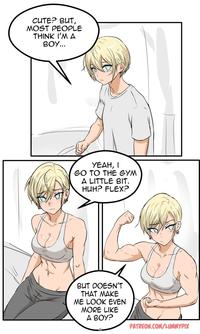 CUTE? BUT, MOST PEOPLE THINK I'M A BOY... УЕАН, І GO TO THE GYM A LITTLE BIT. HUH? FLEX? BUT DOESN'T THAT MAKE ME LOOK EVEN MORE LIKE A BOY? PATREON.COM/LUMMYPIX