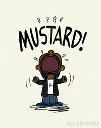 "Fan art":https://knowyourmeme.com/memes/cultures/fan-art of "rapper":https://knowyourmeme.com/memes/cultures/rap-hip-hop "Kendrick Lamar":https://knowyourmeme.com/memes/people/kendrick-lamar screaming "Mustard!" on the track "tv off" from his 2024 album _GNX._ The art is in the style of the "_Peanuts_":https://knowyourmeme.com/memes/subcultures/peanuts comic strip.