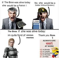 If The Boss was alive today she would be a Patriot ! No she would be a Soldier Without Borders! Strategy and Nuclear Deterrence Edited by Steven E. Miller MSE The Boss if she was alive today: im quite fond of minion memes Thank you Boss ) ALWAYS GIVE 100% AT WORK 12% on Monday 23% on Tuesday 40% on Wednesday 20% on Thursday 5% on Friday