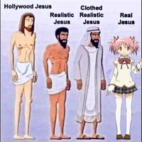 A Madoka Magica Meme based on the Hollywood Jesus, Realistic Jesus, Real Jesus format