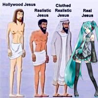 A Hatsune Miku meme based on the Hollywood Jesus, Realistic Jesus, Real Jesus format