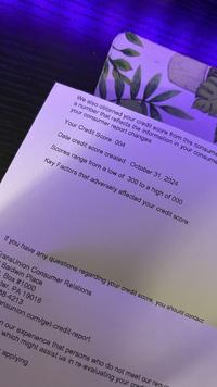 We also obtained your credit score from this consume a number that reflects the information in your consume your consumer report changes. Your Credit Score: 004 Date credit score created: October 31, 2024 Scores range from a low of 300 to a high of 000 Key Factors that adversely affected your credit score: If you have any questions regarding your credit score, you should contact: TransUnion Consumer Relations Baldwin Place Box #1000 ster, PA 19016 88-4213 ansunion.com/get-credit-report n our experience that persons who do not meet our req which might assist us in re-evaluating your applying.