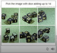 5 Pick the image with dice adding up to 14 3 53 LIT S 34700244330143915411301 6 0 ◊ 140