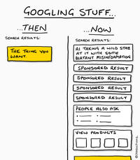 GOOGLING STUFF... ...THEN SEARCH RESULTS: THE THING YOU WANT. ... Now SEARCH RESULTS: AI TAKING A WILD STAB AT IT WITH SOME BLATANT MISINFORMATION SPONSORED RESULT SPONSORED RESULT SPONSORED RESULT SPONSORED RESULT PEOPLE ALSO ASK VIEW PRODUCTS ☐ ☐ ☐ @instachaaz
