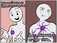 A cartoon about getting corrupted by one's own discovery or invention as a trope in media by @MessRedds 