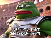 An AI-Generated image of a gladiator Pepe captioned "Are You Not Entertained?". The frog is meant to be an depiction of Kekius Maximus.