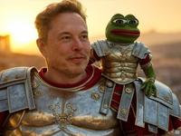 An AI-generated image of Elon Musk in gladiator armor with Pepe the Frog on his shoulder. The post represents the Kekius Maximus meme.