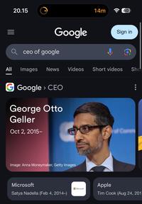 Matching CEO Names meme spreading misinformation that Google CEO's name is George Otto Geller.