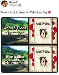 Micky D @DeMickyD Make the right choice this Valentine's Day Women's idea of romance: Men's idea of romance: The Elder Scrolls IV OBLIVION The Elder Scrolls IV OBLIVION