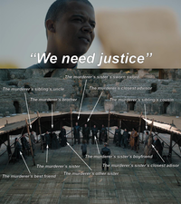 "We need justice" The murderer's sister's sworn sword The murderer's closest advisor The murderer's sibling's uncle. The murderer's brother The murderer's sibling's cousin The murderer's sister's boyfriend The murderer's sister The murderer's sister's closest adisor The murderer's other sister The murderer's best friend