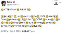 The original "Virus That Puts 😭 Between Everything You Type" post, a joke about Inhun Yaoi (Squid Game)